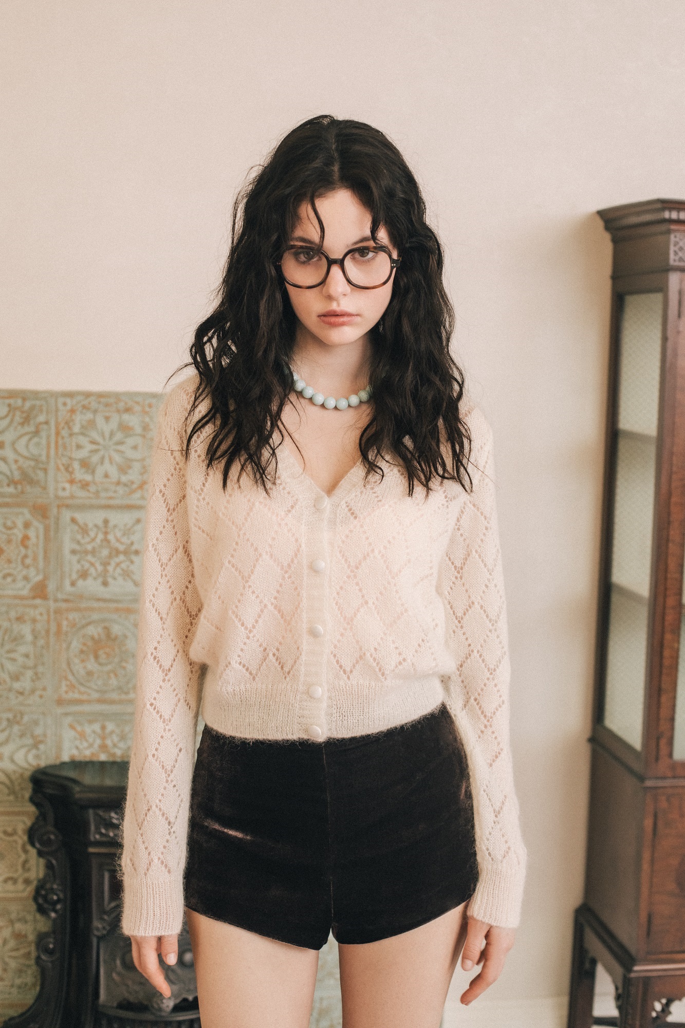 Diamond-patterned kid mohair cardigan