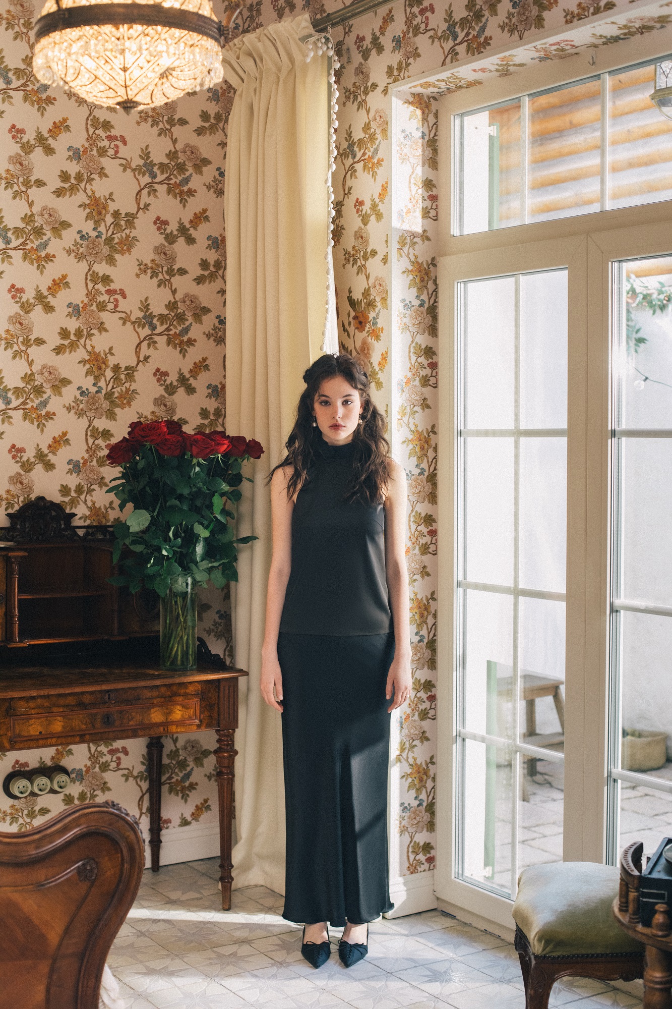 Black silk skirt with chiffon insert