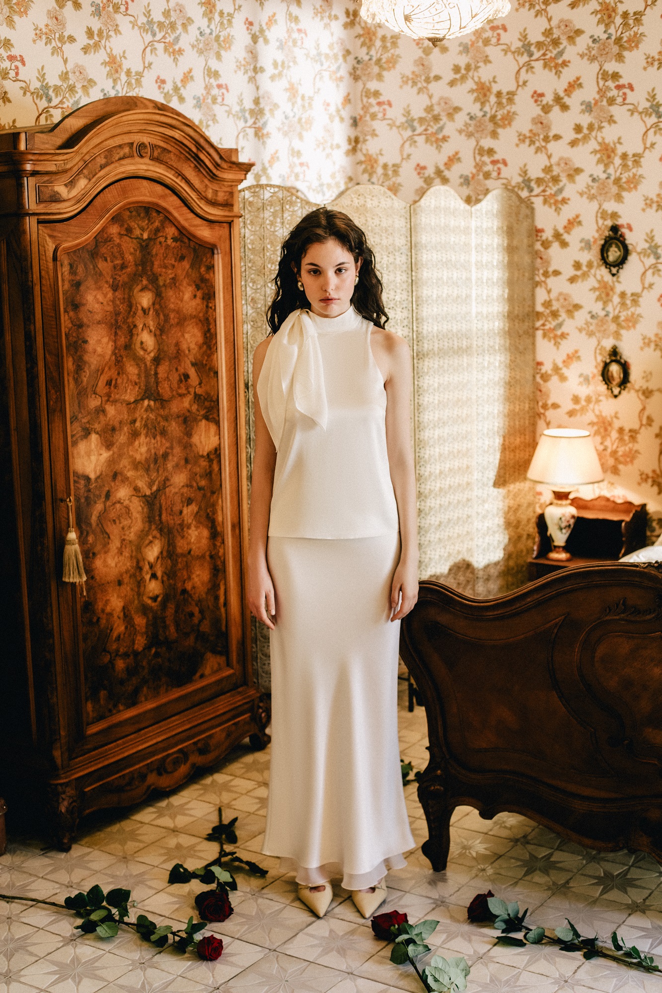 White silk skirt with chiffon insert