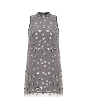 Silver satin dress with sequin flowers on mesh