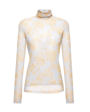 On a gray mesh turtleneck with golden yellow flowersbackground
