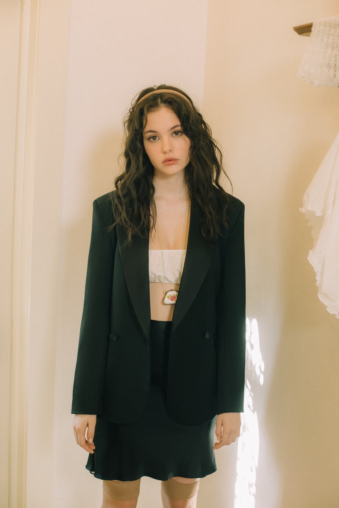 Double-breasted suit wool jacket with satin lapels