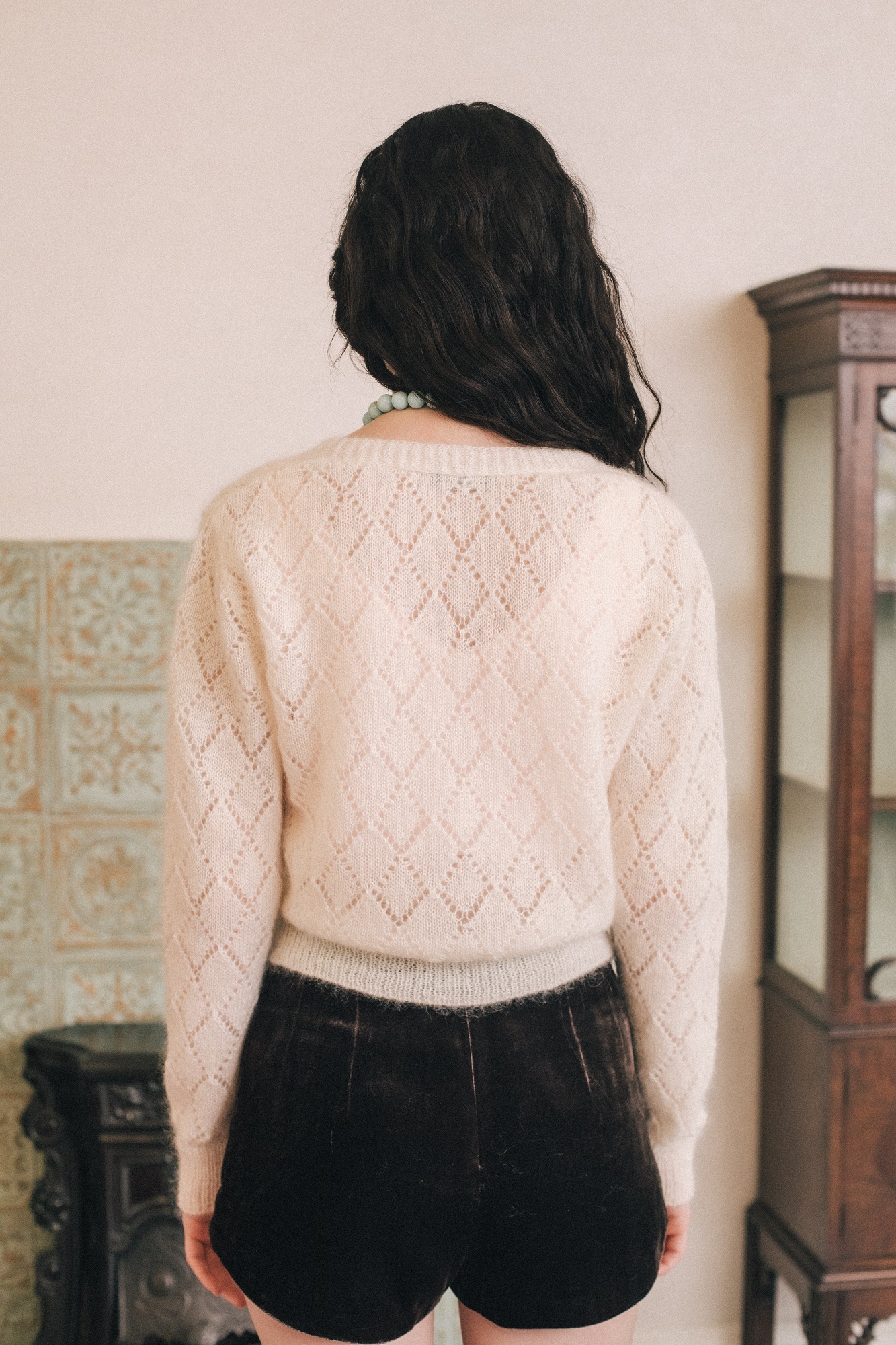 Diamond-patterned kid mohair cardigan